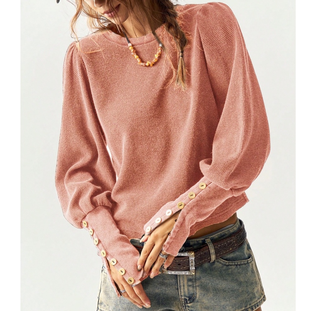 Solid Thermal Knit Puff Button Cuff Long Sleeve Top - Picture 13 of 14
